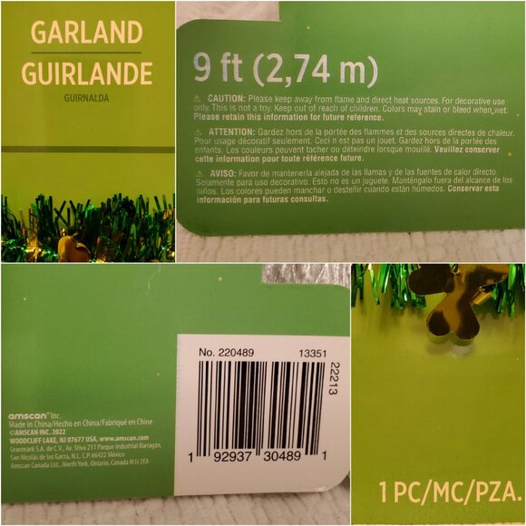 Saint Patrick’s Day Tinsel Shamrock Garland Decor Green Gold, 9 Ft ea., Set of 2 - Picture 4 of 4